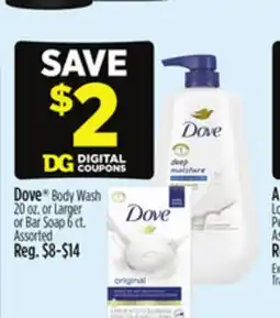 Dollar General Dove Body Wash 20 oz. or Larger or Bar Soap 6 ct offer