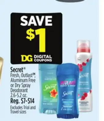 Dollar General Secret Fresh, Outlast TM, Aluminum Free or Dry Spray Deodorant offer
