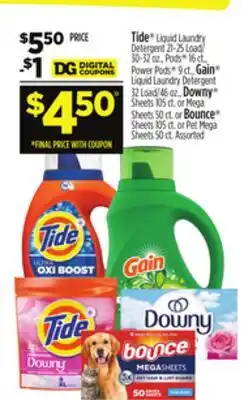 Dollar General Tide , Gain , Downy or Bounce Sheets offer