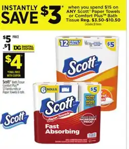 Dollar General Scott Bath Tissue Comfort Plus TM 12 Family rolls or Paper Towels 6 rolls offer