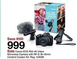 Target Canon EOS r50 4K Video Mirrorless Camera with RF-S 18-45mm Content Creator Kit offer