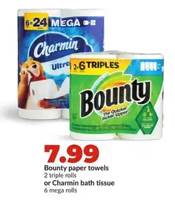 Hy-Vee Bounty paper towels 2 triple rolls or Charmin bath tissue 6 mega rolls offer