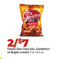 Hy-Vee Family Size Chex mix, Gardetto's or Bugles snacks offer