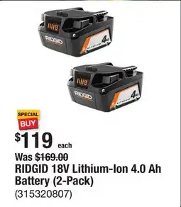 The Home Depot RIDGID 18V Lithium-Ion 4.0 Ah Battery (2-Pack) offer