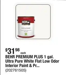 The Home Depot BEHR PREMIUM PLUS 1 gal. Ultra Pure White Flat Low Odor Interior Paint & Primer offer