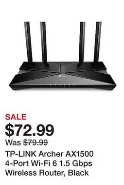 Office Depot TP-LINK Archer AX1500 4-Port Wi-Fi 6 1.5 Gbps Wireless Router, Black offer