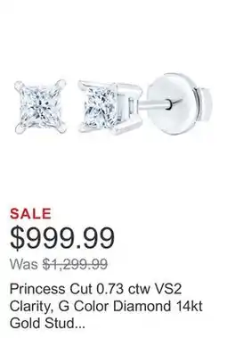 Costco Princess Cut 0.73 ctw VS2 Clarity, G Color Diamond 14kt Gold Stud Earrings offer