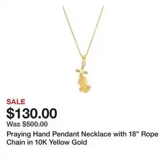 Belk Praying Hand Pendant Necklace with 18 Rope Chain in 10K Yellow Gold offer