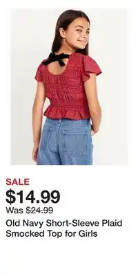 Old Navy Old Navy Short-Sleeve Plaid Smocked Top for Girls offer