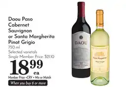Pavilions Daou Paso Cabernet Sauvignon or Santa Margherita Pinot Grigio offer