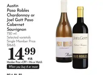 Pavilions Austin Paso Robles Chardonnay or Joel Gott Paso Cabernet Sauvignon offer