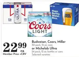 Pavilions Budweiser, Coors, Miller 30 pack, 12 oz. cans or Michelob Ultra 24 pack, 12 oz. bottles or cans offer