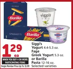Vons Siggi's Yogurt 4.4-5.3 oz. Fage Greek Yogurt 5.3 oz. or Barilla Pasta 12-16 oz offer