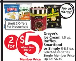Vons Dreyer's Ice Cream 1.5 qt. Ruffles, Smartfood or Simply 5-8.5 oz offer
