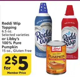 Vons Reddi Wip Topping 6.5 oz. or Libby's 100% Pure Pumpkin 15 oz., Gluten Free offer