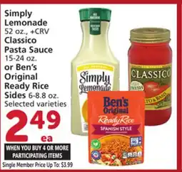 Albertsons Simply Lemonade 52 oz., Classico Pasta Sauce 15-24 oz. or Ben's Original Ready Rice Sides 6-8.8 oz offer