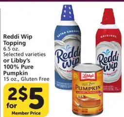 Albertsons Reddi Wip Topping 6.5 oz. or Libby's 100% Pure Pumpkin 15 oz., Gluten Free offer