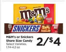 Food 4 Less M & M' s or Snickers Share Size Candy offer