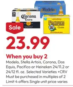 Stater Bros Modelo, Stella Artois, Corona, Dos Equis, Pacifico or Heineken offer