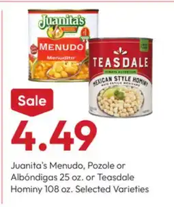 Stater Bros Juanita's Menudo, Pozole or Albóndigas 25 oz. or Teasdale Hominy 108 oz offer