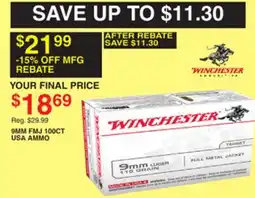 Dunham's Sports WINCHESTER 9MM FMJ 100CT USA AMMO offer