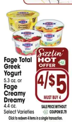 Jewel-Osco Fage Total Greek Yogurt 5.3 oz. or Fage Creamy Dreamy 4.4 oz offer