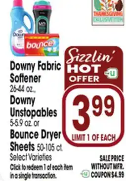 Jewel-Osco Downy Fabric Softener 26-44 oz., Downy Unstopables 5-5.9 oz. or Bounce Dryer Sheets 50-105 ct offer