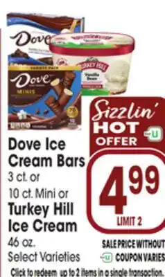 Jewel-Osco Dove Ice Cream Bars 3 ct. or 10 ct. Mini or Turkey Hill Ice Cream 46 oz offer