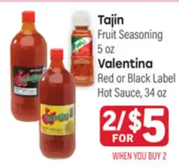 Tony’s Fresh Market Tajín Fruit Seasoning 5oz Valentina Red or Black Label Hot Sauce, 34oz offer