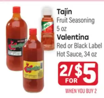 Tony’s Fresh Market Tajín Fruit Seasoning 5oz Valentina Red or Black Label Hot Sauce, 34oz offer