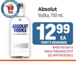 Tony’s Fresh Market Absolut Vodka offer