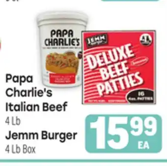 Tony’s Fresh Market Papa Charlie's Italian Beef 4Lb., Jemm Burger 4Lb Box offer