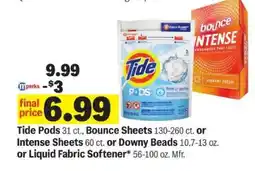 Meijer Tide Pods, Bounce Sheets, Intense Sheets, Downy Beads, Liquid Fabric Softener offer