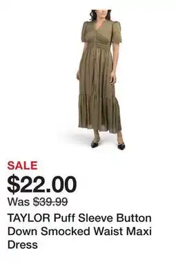 Marshalls TAYLOR Puff Sleeve Button Down Smocked Waist Maxi Dress offer