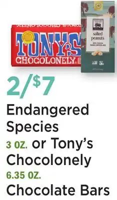 Heinen's Endangered Species 3 OZ. or Tony's Chocolonely 6.35 OZ. Chocolate Bars offer