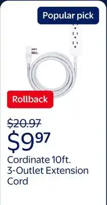 Walmart Cordinate 10ft. 3-Outlet Extension Cord offer