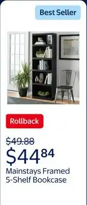 Walmart Mainstays Framed 5-Shelf Bookcase with Adjustable Shelves, True Black Oak offer