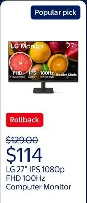 Walmart LG 27 IPS 1080p FHD 100Hz Computer Monitor, 27MS540W-B offer