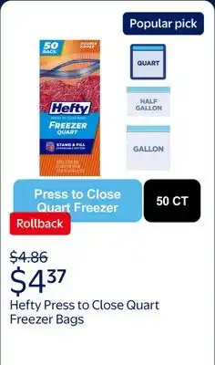 Walmart Hefty Press to Close Quart Freezer Bags offer