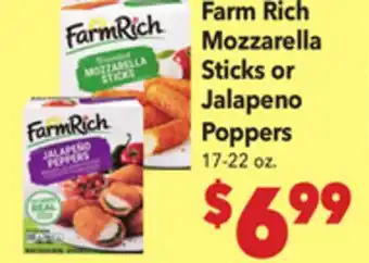 Vallarta Supermarkets Farm Rich Mozzarella Sticks or Jalapeno Poppers offer