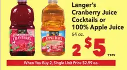 Vallarta Supermarkets Langer's Cranberry Juice Cocktails or 100% Apple Juice offer