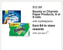 Walgreens Bounty or Charmin Paper Products, 6 or 9 rolls offer
