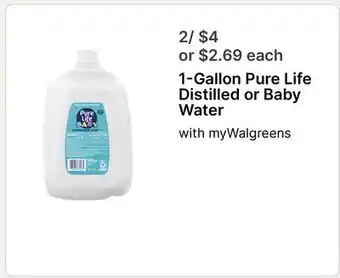 Walgreens 1-Gallon Pure Life Distilled or Baby Water offer