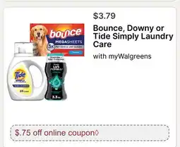 Walgreens Bounce, Downy or Tide Simply Laundry Care with myWalgreens offer