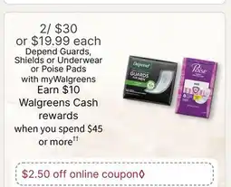 Walgreens Depend Guards, Shields or Underwear or Poise Pads offer
