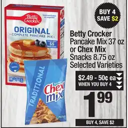 Super King Markets Betty Crocker Pancake Mix 37 oz or Chex Mix Snacks 8.75 oz offer