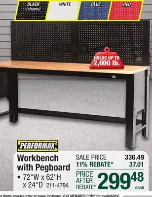 Menards Workbench with Pegboard offer