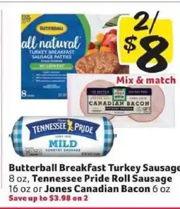 Winn Dixie Butterball Breakfast Turkey Sausage, Tennessee Pride Roll Sausage, Jones Canadian Bacon offer