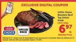 Safeway USDA Choice Boneless Beef Top Sirloin Steak offer