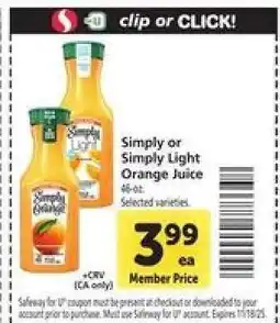 Safeway Simply or Simply Light Orange Juice offer